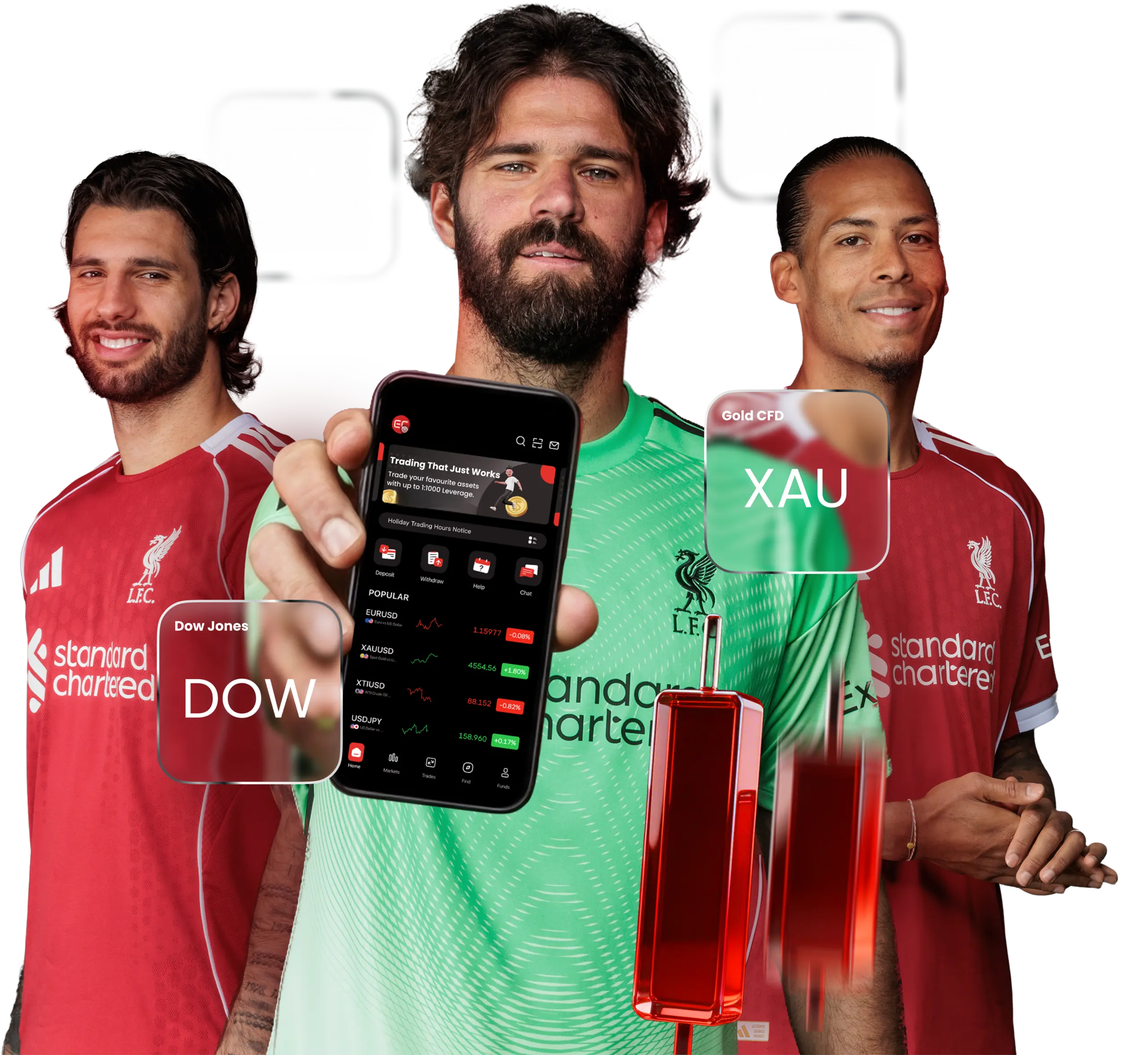 Three footballers in red and green jerseys pose with a smartphone displaying a trading app and market charts overlaid around them.